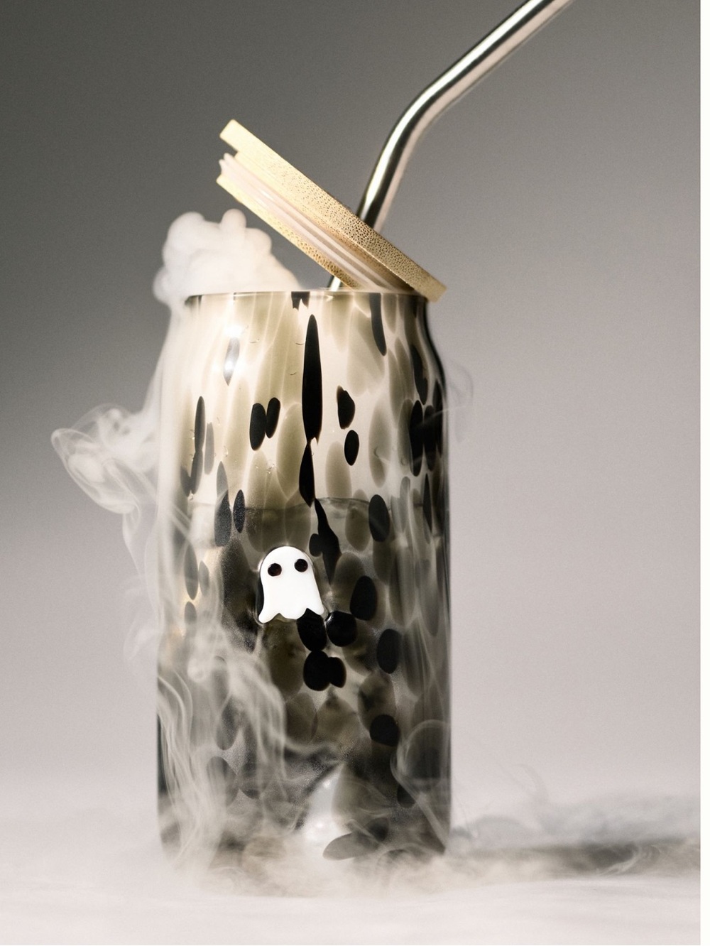 Anthropologie Icon Glass Mystic Confetti Glass Tumbler With Lid Ghost Halloween